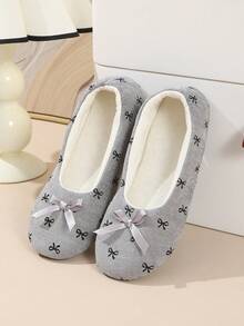 Women's New Solid Color Ballet Flats, Corduroy Material With Bow Decor, Indoor Comfortable Quiet Non-Slip Soft Bottom Fluffy Slip-On Slippers - Dark Grey - View 5