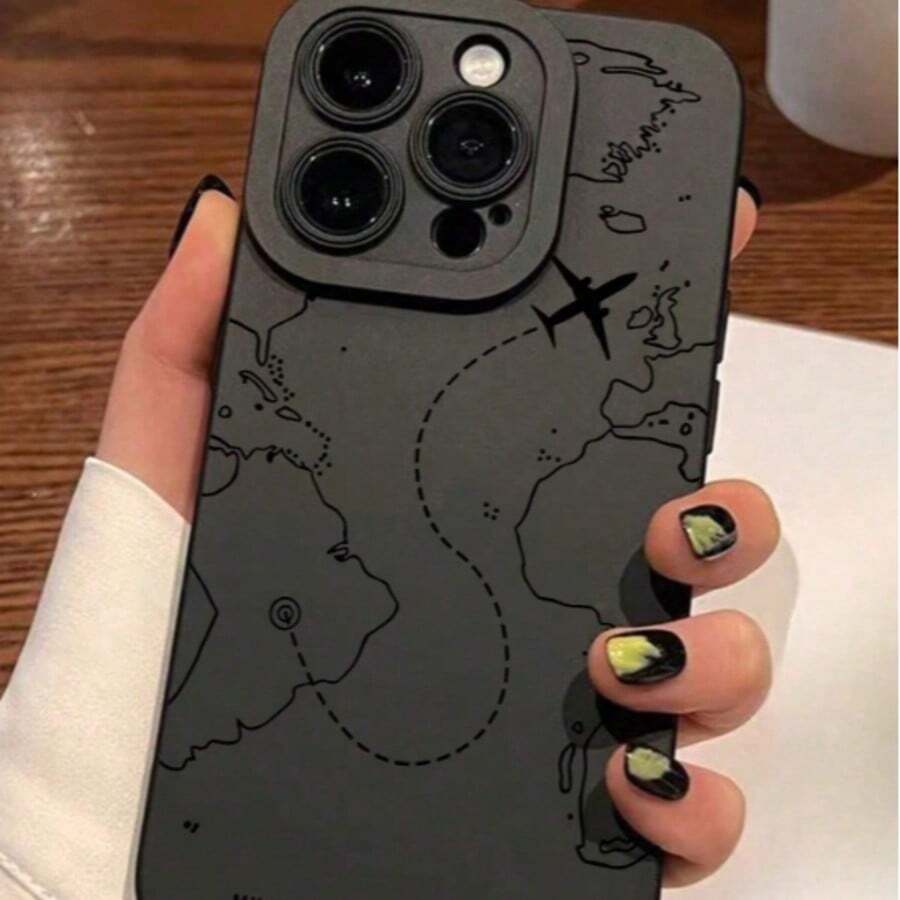 1pc Airplane/Map Eye Frosted Anti-Fall TPU Case Compatible With Iphone 16/11, 15PROMAX, 14PROMAX/Galaxy, SAM/Honor X6A, X7B, X8B/13C/Note13/OppoA78 Protective Cover - Black - View 1