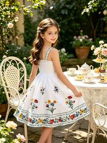 Summer Casual Fashion Daisy Print Dress, Pastoral Style Spaghetti Strap Dress For Girls - White - View 4
