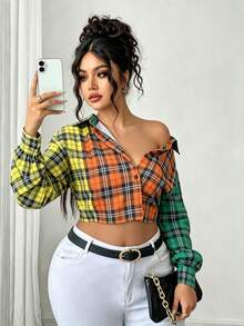 Plus Size 2026 Spring Y2K Plaid Patchwork V-Neck Long Sleeve Casual Blouse, Suitable For Daily, Commute, Leisure And Outing - Multicolor - View 3