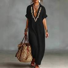 2026 Spring/Summer European And American New Style Loose Women's Embroidered Pocket Casual Turn-Down Collar Cotton-Linen Dress - 黃色 - 查看 8
