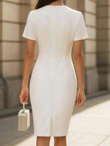 Elegant Slim-Fit Solid Color Hollow-Out Knit Dress, Versatile Business/Formal Vintage Style Summer Outfit For Women White - White - View 4