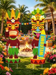 4pcs/2pcs Hawaiian Style Tiki Torch Garden Decor Stake, Primitive Upright Stake - Durable Outdoor Decor, Beach Party Decoration - Polynesian Surfboard Style - Upright Welcome Sign - Featuring Hawaiian Dancer And Palm Tree Pattern, Hawaiian Party Decor, Summer Beach Party, Tropical Theme Events And Landscaping - Hawaii - View 6