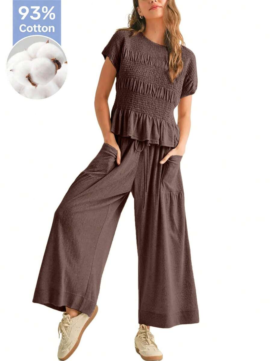 Women's Solid Color Two Piece Set 2026 Spring Summer Daily Loungewear Cropped Top High Waist Wide Leg Pants - 咖啡色 - 查看 1
