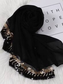 1 chiếc khăn choàng thời trang mùa xuân/hè kín đáo với họa tiết đính sequin trang nhã, chất liệu chiffon thoáng khí với thiết kế viền lượn sóng. - màu đen - Xem 2