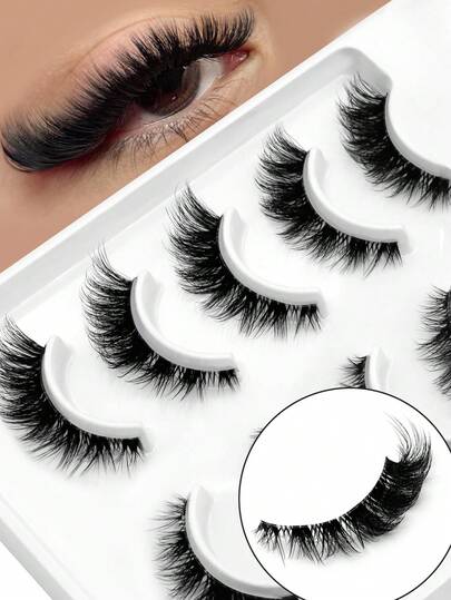 LASVIREY 5 Pairs Cat Eye Lashes Natural Look Eyelashes Fluffy Soft Faux Mink Eyelashes Puffy Airy False Lashes 3D C Curl Fake Eyelashes Luxurious Wispy Full Strip Lashes Glam Volume Lashes With Transparent Stem Wet Look Angel Lashes,Winged End Eye Elongated,Suitable For Daily Wear,Vocation Makeup Tool,Enlarge Eyes,Versatile Random Style,Waterproof Lashes Supplies
