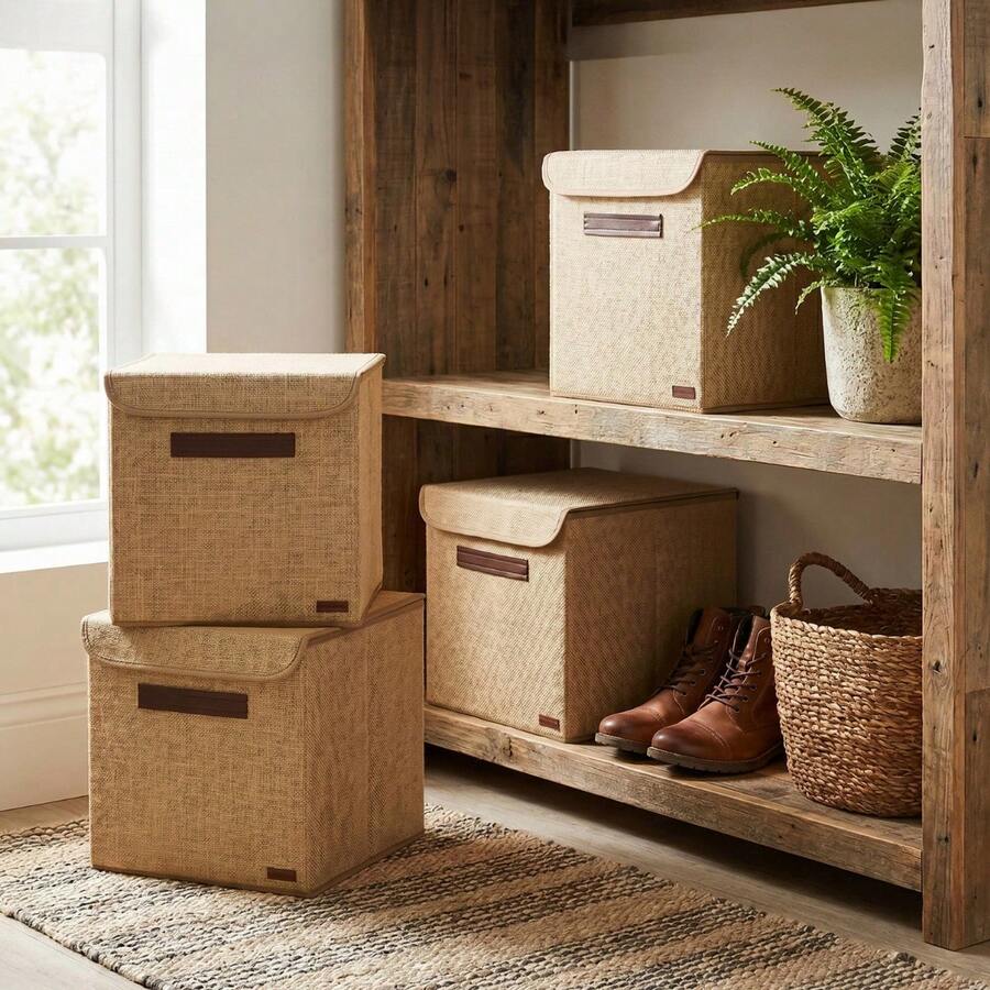 Caja organizadora de tela con forro de yute - 30x30x30 cm Caja de almacenamiento plegable de 4 piezas - Beis - Ver 1