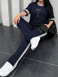 2 piezas Conjunto de camiseta de manga corta de cuello redondo y pantalones sueltos de cintura elástica para mujer, uso diario casual elegante de verano en color negro - Azul oscuro 24 - Ver 7