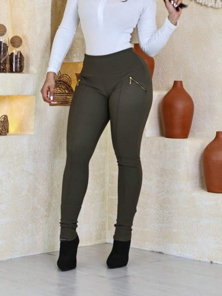 Women's Riding Pants, High Waist, Ribbed, With Gorgurinho Detail - Army Green - View 1