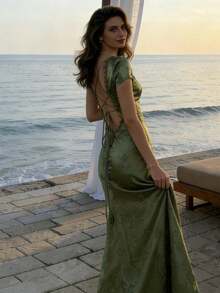 女士优雅绿色时尚晚礼服长款修身短袖夏季新款连衣裙派对礼服性感系带露背女士度假沙滩束腰长袍婚礼 - 彩色 - 查看 7