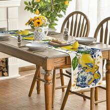 1pc Lemon Print Chinese Style Table Runner, Blue & White Floral Rectangular Tablecloth, Summer Kitchen Dining Room Home Decor - Yellow - View 6