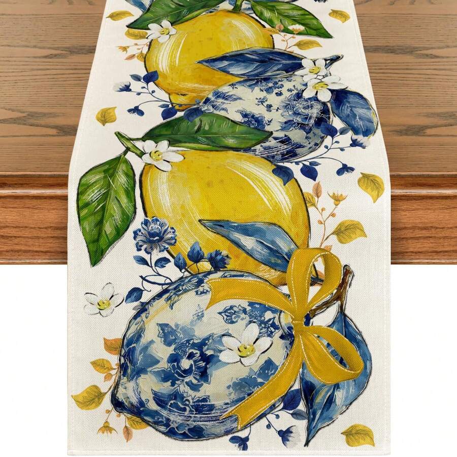 1pc Lemon Print Chinese Style Table Runner, Blue & White Floral Rectangular Tablecloth, Summer Kitchen Dining Room Home Decor - Yellow - View 1
