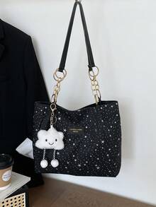 1 pieza Bolso de hombro con cremallera de gran capacidad con patrón de estrella y decoración de nube, de moda para uso diario de mujeres - Negro 2 - Ver 7