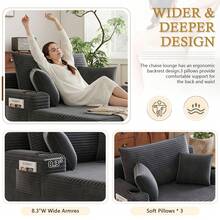 47"W X 65"D Oversized Chaise Lounge Chair Indoor Boneless Reading Chair Plush Corduroy Recliner With Cup Holders Large Deep Seat Comfy Sofa Bed Couch With 3 Pillows For Living Room Bedroom - Màu xám đen - Xem 2