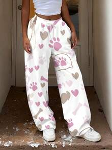 A Pair Of Women's Straight-Leg Pants, Gentle Heart & Paw Print, Woven Fabric, Smooth & Comfortable, Gift For Self, Summer Vacation & Outing, White Base With Pink-Brown Heart And Paw Print Pattern, Loose Style - 彩色 - 查看 3
