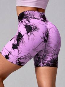 NcmRyu 1pc Women High Waist Seamless Elastic Tie-Dye Sports Fitted Shorts - Pink - View 9