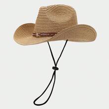 Chapéu de palha feminino estilo cowboy para o verão, com rebites em formato de estrela e cordão para ajuste, aba larga ideal para praia e festivais de música. - Tamanho único. - Ver 10
