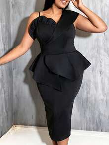 Plus Size Women Elegant Black Asymmetric Ruffle Hem Slit Mermaid Midi Dress, Fitted Cocktail Party Evening Gown Summer - Black - View 4