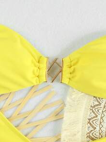 Conjunto de traje de baño de lujo con top de halter amarillo brillante y falda con lazo para playa y resort - Amarillo - Ver 4