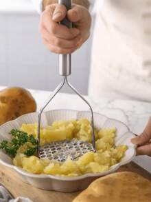 1pc Stainless Steel Potato Masher - Handheld Kitchen Tool, Suitable For Mashing Potatoes, Sweet Potatoes And Other Ingredients, Elegant Metal Design With Comfortable Handle, Applicable For Vegetable Cooking, Durable Kitchen Essential - Multicolor - View 2