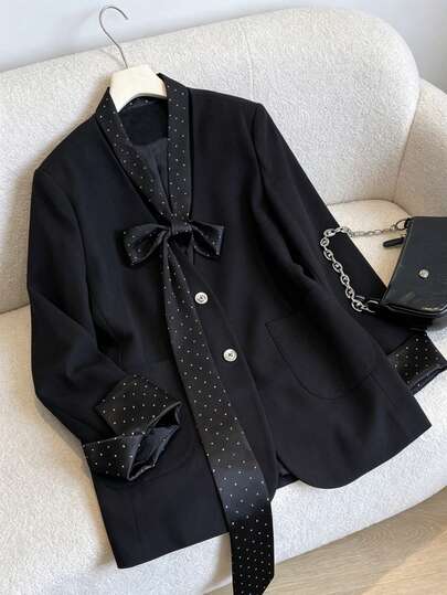 Women's Black Polka Dot Blazer Jacket With Fashionable Satin Scarf Collar And Cuffs, V-Neck, Versatile Casual Suit Jacket With Unique Design, Suitable For Spring/Summer Commuting, Work, Party, And Daily Occasions