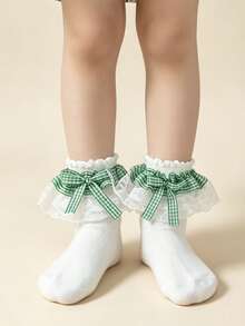 1 Pasang Kaos Kaki Anak-anak Katun Motif Renda Kotak-kotak Pita Ruffle untuk Pesta Dansa Putri Modis Serbaguna - Hijau - View 3
