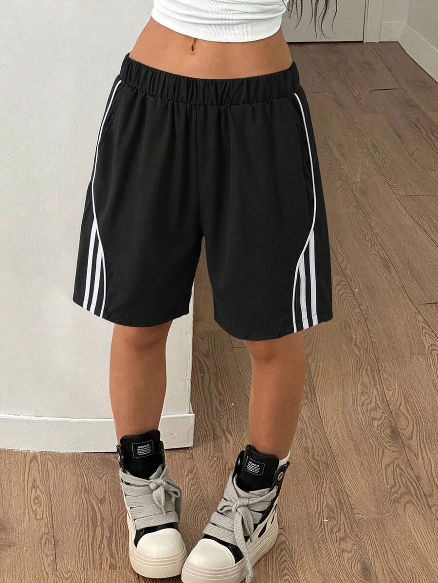 1pc Tween Girls' Casual Striped Patchwork Bermuda Shorts, Versatile Summer Fashion - Black - View 1