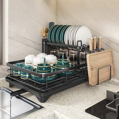 Large Double-Layer Metal Carbon Steel Kitchen Countertop Utensil Rack, Space-Saving And Durable, With Knife Fork Cup Holder And Drip Tray, Anti-Rust Large Double-Layer Metal Cutlery Rack For A Neat And Organized Kitchen
