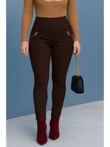 Women's Riding Pants, High Waist, Ribbed, With Gorgurinho Detail - Dark Brown - View 3