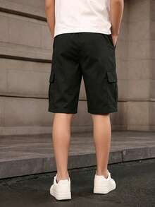 Teen Boys Classic Solid Color Multi-Pocket Cargo Shorts, Loose Fit Knee-Length Casual Shorts For Spring & Summer - Black - View 2