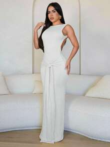 Solid Color Elegant Knitwear Twist Back Dress, Formal Party Wedding Autumn White Summer - White - View 1