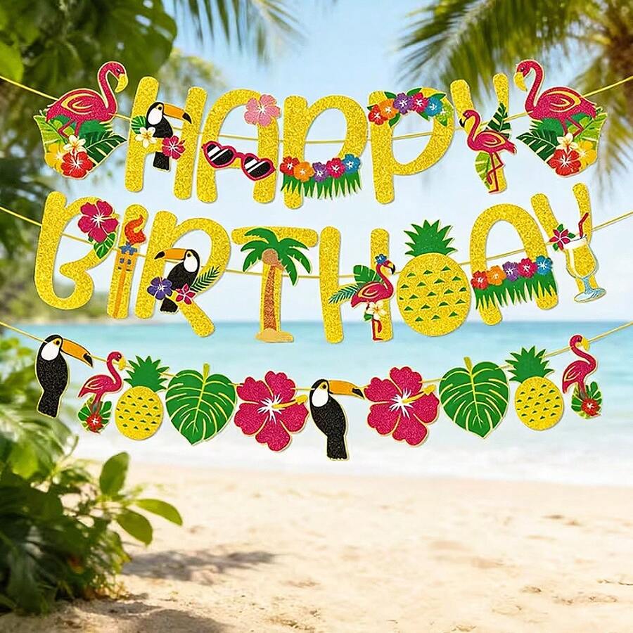 3件套夏威夷主题生日派对金色箔纸三角旗横幅,火烈鸟、菠萝、花卉图案,夏季派对装饰花环套装,适用于生日派对、夏季夏威夷海滩聚会、节日庆典、热带主题派对装饰、摄影道具 - 多色 - 查看 1