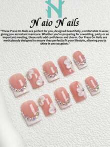 NAIO 10 piezas de puntas de uñas cuadradas hechas a mano, estilo Y2K Baddie, color nude y blanco con puntas francesas, patrones tallados, elementos de rhinestone, adecuado para fiestas, bailes, uso diario, incluye kit de herramientas, gran regalo para mujeres y niñas, suministros para uñas, uñas postizas hechas a mano - Multicolor - Ver 2