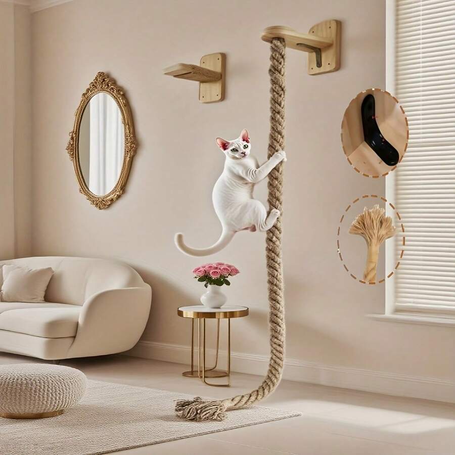 1 trụ cào móng bằng gỗ cho mèo, làm từ dây thừng sisal nguyên khối, chất liệu tự nhiên, tiết kiệm không gian, dày dặn, chống mài mòn, móc đồ chơi cho mèo, chất liệu gỗ và sisal, đồ dùng cho thú cưng trong nhà, dây cào móng treo tường, khung leo trèo cho mèo, bảng cào móng, thích hợp sử dụng trong nhà.