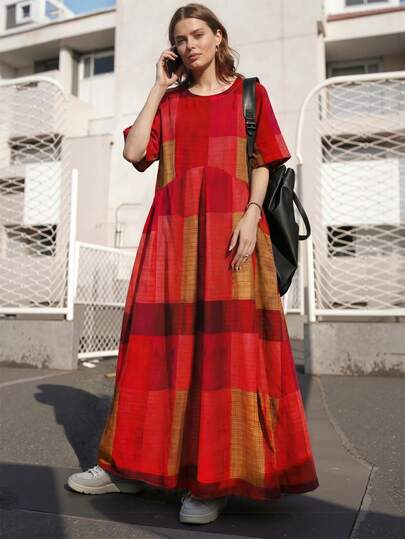 女性用 夏 カラーブロック チェック柄 ラウンドネック 半袖 ルーズフィット マキシワンピース レッド