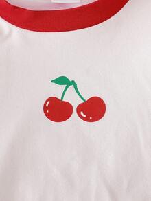 3 Conjuntos (6 piezas) de Top de manga corta y shorts de tela de punto suave con estampado de corazones de cereza casual, adecuado para uso al aire libre, primavera/verano - Multicolor - Ver 4