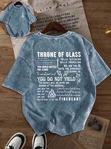 Glass Throne Printed Washed T-Shirt, Short-Sleeved Round Neck Casual Top, Suitable For Spring And Summer Wear, Women's Clothing. - Màu xanh lam - Xem 6