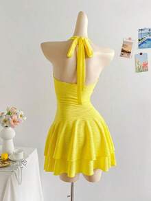 2026  Vestido mini de punto texturizado con cuello en V con volantes, decoración de estrella de mar y concha, hebilla metálica, apropiado para Navidad, cita, discoteca, estilo bohemio, vacaciones, otoño, vintage, fiesta para mujeres - Amarillo - Ver 2