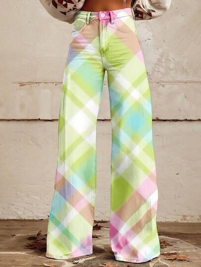 Colorful Plaid Wide Leg Pants High Waist Casual Trousers For Women Fashion  Streetwear Style