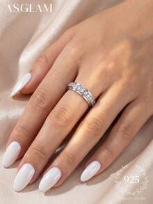 1 pièce Bague de mode élégante et entièrement diamantée, en platine incrusté de zirconium blanc 925 en argent sterling. Bijou haut de gamme pour femmes, convient pour un cadeau d'anniversaire ou d'anniversaire de mariage - Argent - Voir 2