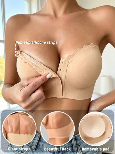 Seamless Strapless Wireless Bra For Women, Lift & Support, Solid Color Casual Bra, Soft & Comfortable Front Closure Bra