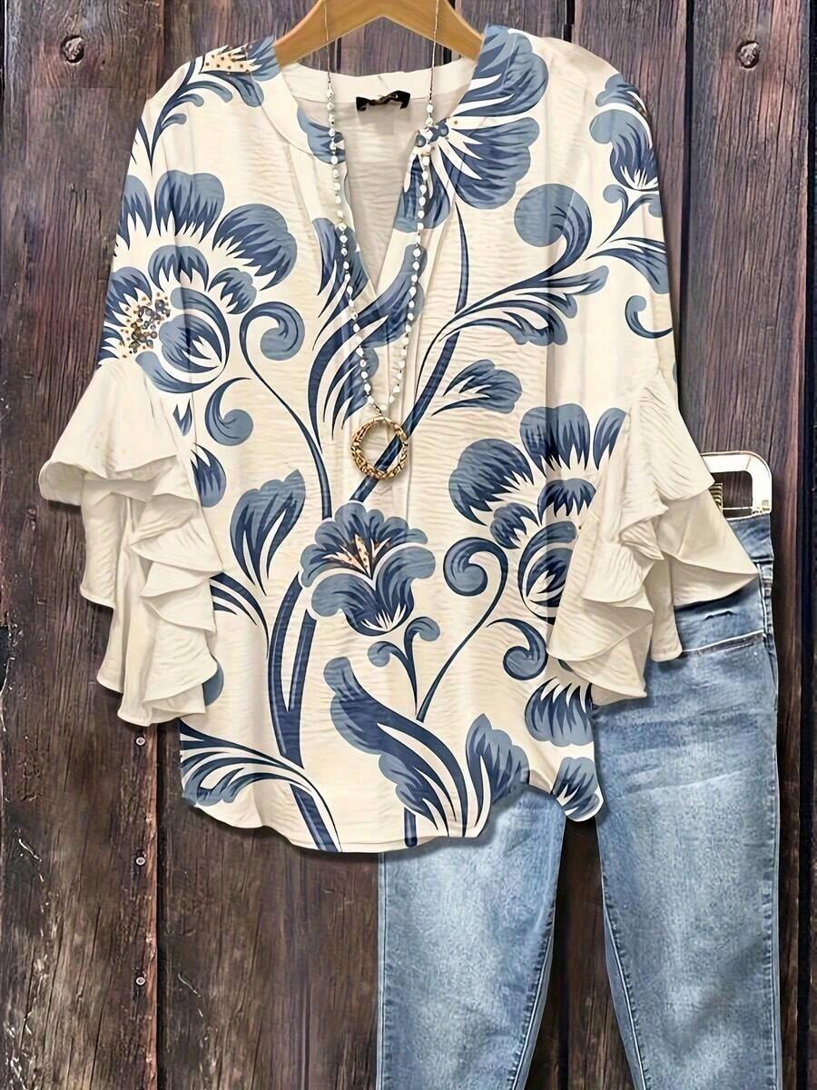 Women's Leopard & Floral Print Ruffle Sleeve Blouse - V-Neck Button- Shirt With Ruffled Hem-Like Collar, 7/8 Length Non-Stretch Top For Spring Summer Fall, Casual & Dressy Wear (Leopard & Botanical Patterns) - Hand Wash/Dry Clean - 藍色 - 查看 1
