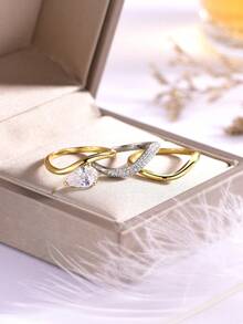 3pcs/Set Fashion Elegant Inlaid Teardrop Dual-Tone Stackable Rings, Suitable For Parties, Daily Wear, Holidays, Weddings - Multicolor - View 4