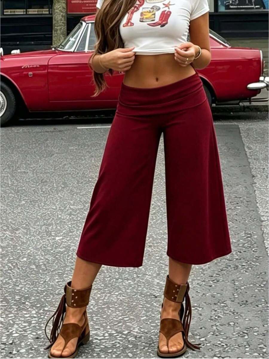 Y2K Low-Rise Fold-Over Waist Wide-Leg Capri Pants, Vintage Knit Culotte Pants, Casual Streetwear Loungewear For Women - 酒紅色 - 查看 1