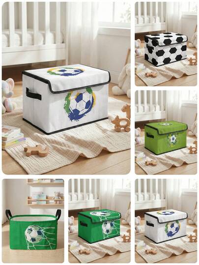 1pc Large Capacity Foldable Storage Box, Football Pattern Printed Covered Storage Basket With Handle, Suitable For Nursery, Bedroom, Baby Clothes, Under Bed Storage, Toy Storage