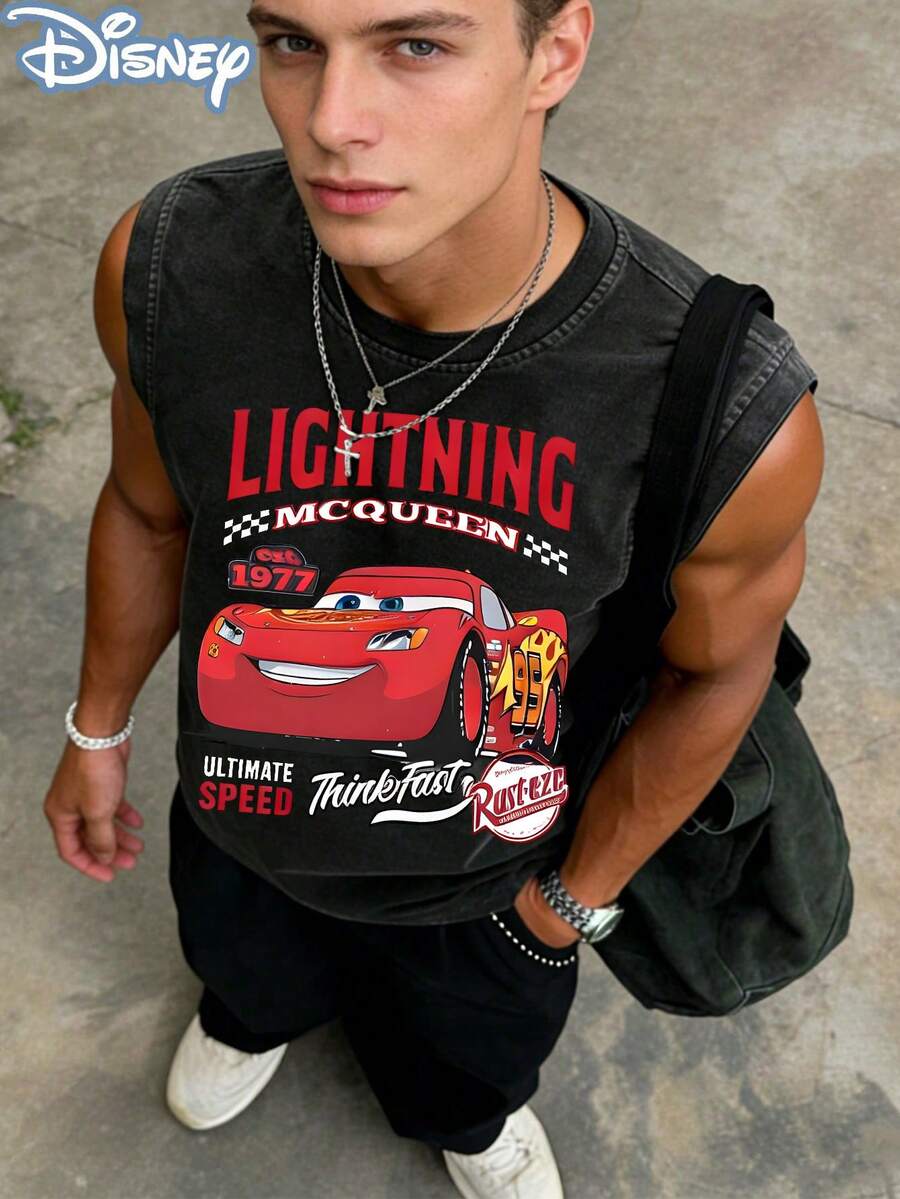 Disney Official Licensed Cars Unisex Acid Wash Sleeveless T-Shirt,  95 Graphic Tank Top, 230g Heavyweight Cotton Blend, Casual Racing Style Top, Breathable Summer Wear - 黑色 - 查看 1