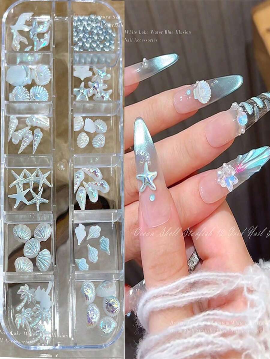 12格/盒 极光亮片海洋贝壳海星美甲饰品,3D炫彩美人鱼夏季海滩主题美甲装饰,树脂贝壳海螺海星美甲宝石,适用于亚克力指甲,女士及女孩DIY美甲用品 - 彩色 - 查看 1