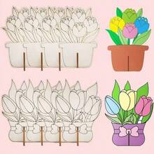Children's Laser Engraved Wooden Flower Decor, Kindergarten Coloring Painting White Wooden Flower Pot - 1PC - View 2