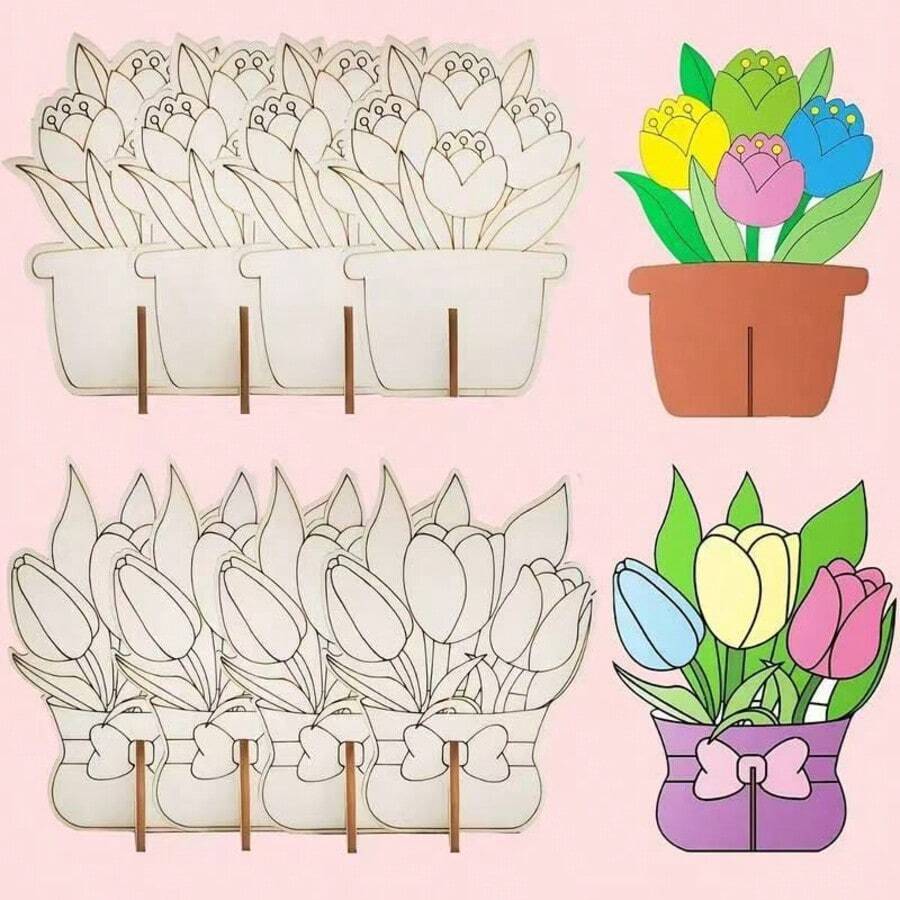 Children's Laser Engraved Wooden Flower Decor, Kindergarten Coloring Painting White Wooden Flower Pot