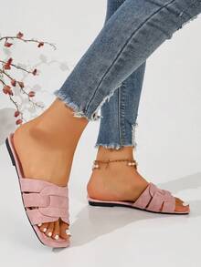 Ximi Ruo New Spring/Summer Fashion Casual Strap Slide Sandals, Comfortable Flat Heel Round Toe Beach Slippers, Holiday Essential - Pink - View 3